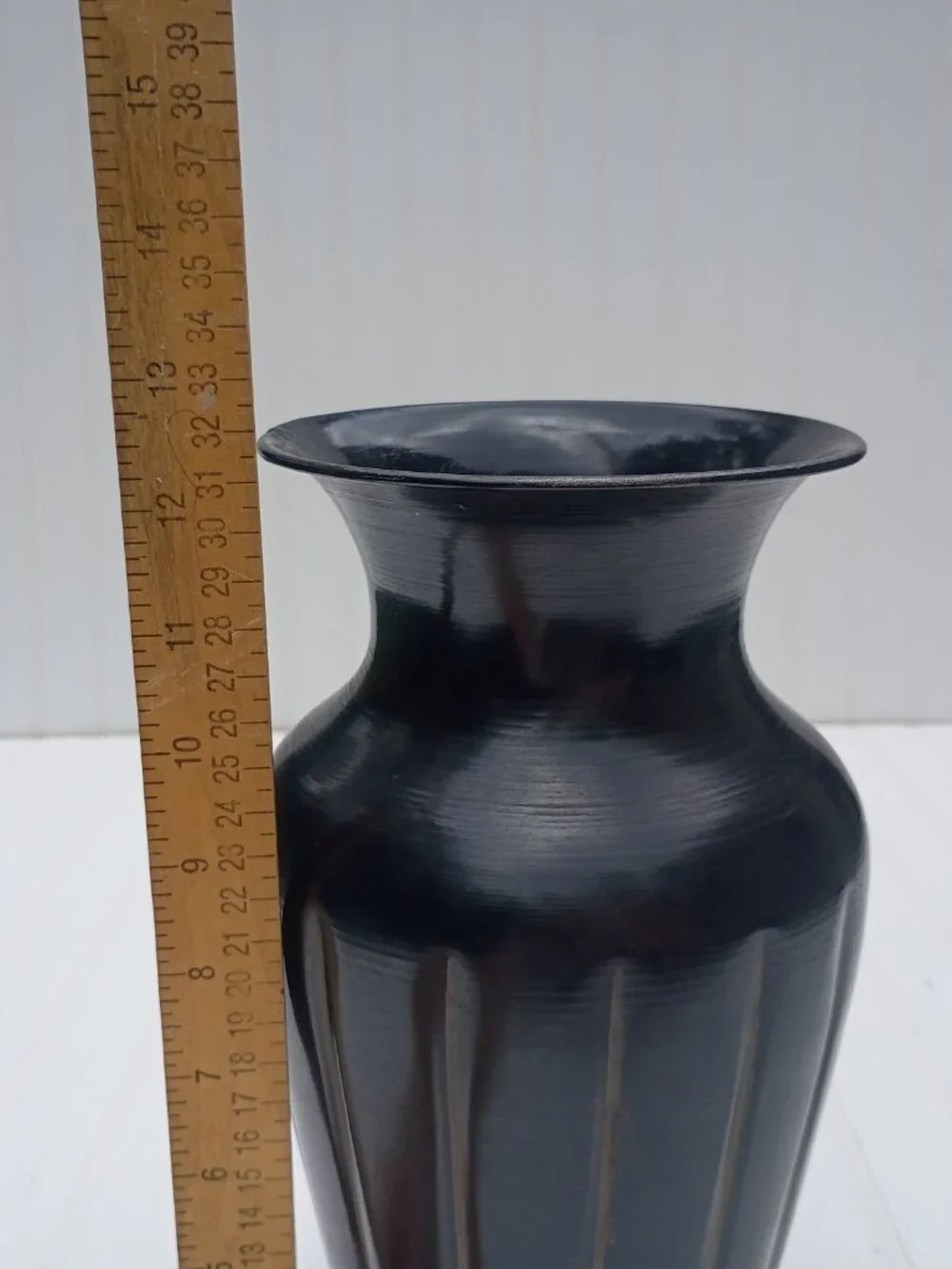 Ribbed Metal Vase Black Distressed Fluted Design 12.5